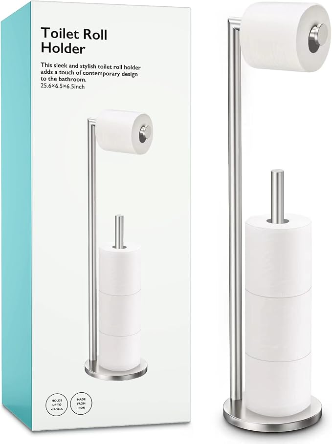 Toilet Paper Holder Stand, Bathroom Free Standing Storage, Brushed Nickel | Rustproof Toilet Paper Roll Holder for 4 Rolls,with Non-Slip Stable Base,Bathroom Organizers and Storage