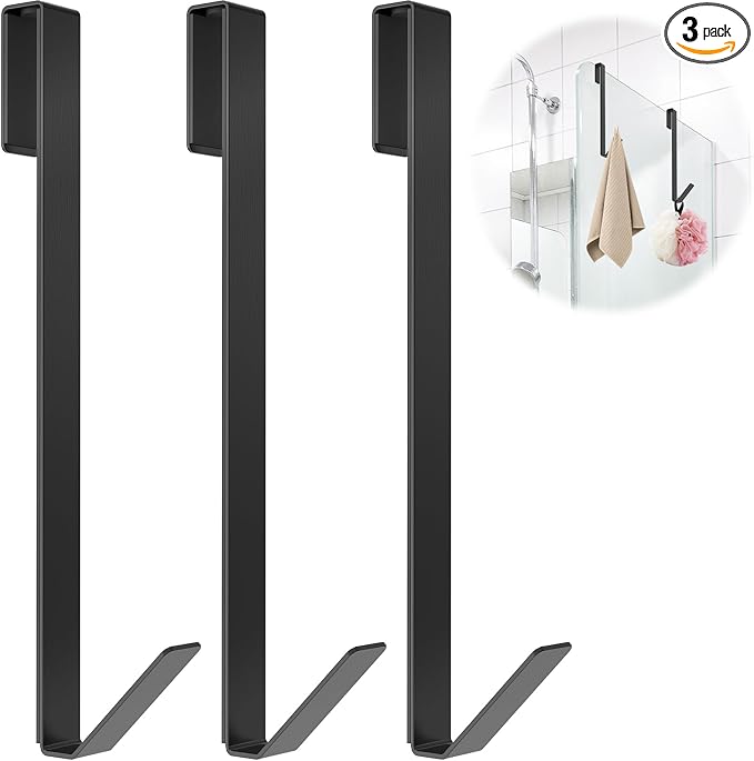 Linone 10 in Shower Door Hooks, Towel Hooks for Bathrooms, Shower Hooks for Towels,Heavy Duty Drilling-Free Extended Over Door Towel Hooks for Frameless Glass Shower Door, 3 Pack