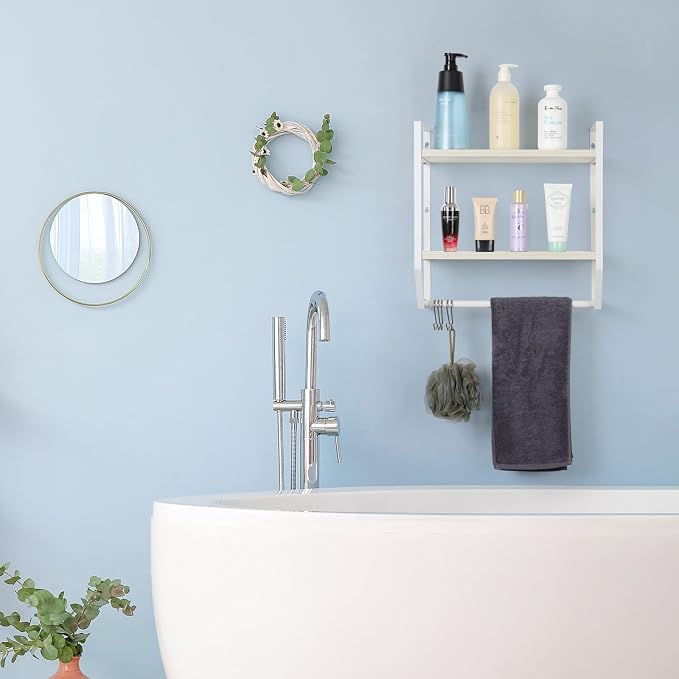 OYEAL Bathroom Shelf with Towel Bar Wall Mounted Towel Rack Rustic Towel Shelf for Bathroom with 5 Hooks, 2 Tier Shelf Storage Organizer for Living Room, Kitchen, Bedroom, White