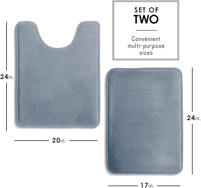 Clara Clark 2 Piece Bathroom Rugs, Velvet Memory Foam Bath Mat Set, Non-Slip Bath Rugs, Machine Wash, Dries Quickly, Ultra Soft Plush Bath Mats for Bathroom, 17 x 24 + Contour, Stone Blue