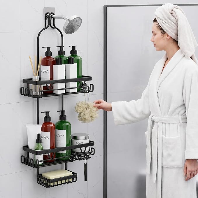 DAOYA Shower Caddy Hanging, Anti-Swing Over Head Shower Caddy, Rustproof Bathroom Organizer with Soap Holder & Hooks