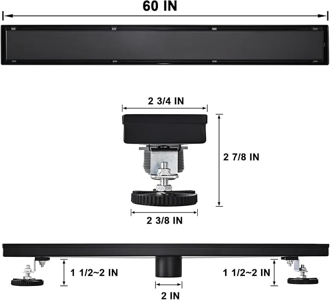 AVSIILE Linear Shower Floor Drain, Black 60 Inch 304 Stainless Steel Bathroom Drains Kit, Rectangular Shower Trench Drain with Reversable Tile-in Pattern Drain Cover & Hair Catcher