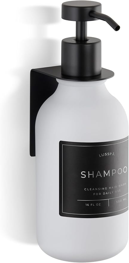Shower Shampoo Dispenser Wall Mounted – Refillable 16.9 oz White Bottle with Stainless Steel Pump & No-Drill Adhesive Holder – Soap Dispenser for Bathroom (1 X White/Black)