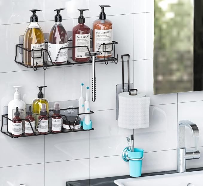 Shower Caddy Organizer Shelf with Paper Towel Holder, Adhesive Black Bathroom Storage Basket with Hooks, Rustproof Stainless Steel Kitchen Spice Racks, No Drilling Wall Mount, 3 Pack
