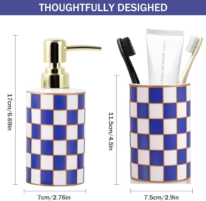 Bathroom Toothbrush Holder Set, Ceramic Checkered Soap Dispenser and Tooth Brush Holder Set, Modern Bathroom Accessories Sets Countertop, Black and White Checkered Bathroom Decor Set (Blue)