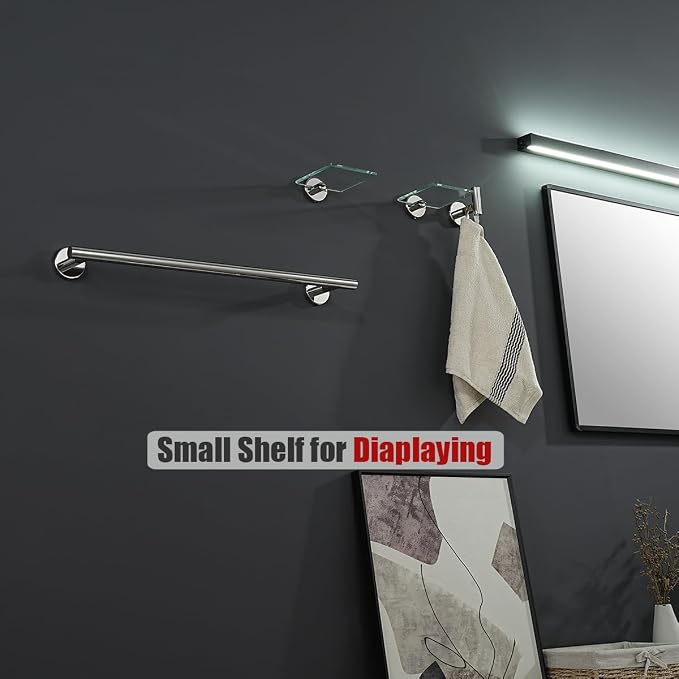 JQK Small Floating Glass Shelves Chrome, 4 Inch Display Ledges for Wall, Mini Decor, Living Room Bedroom Bathroom, Tempered Glass Shower Storage, 2 Pack, TGS101L4-CH-P2