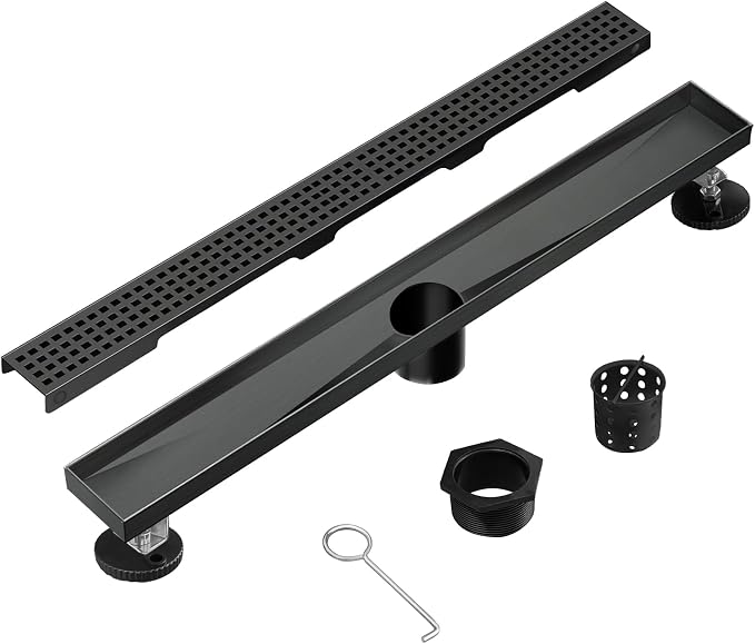 Linear Shower Drain, 28 inch Black Drain with Removable Grate Cover, Brushed 304 Stainless Steel Shower Floor Drain, Linear Drain with Hair Strainer and Adjustable Feet