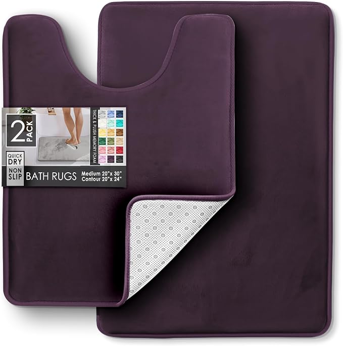 Clara Clark 2 Piece Bathroom Rugs, Velvet Memory Foam Bath Mat Set, Non-Slip Bath Rugs, Machine Wash, Dries Quickly, Ultra Soft Plush Bath Mats for Bathroom, 20 x 32 + Contour, Dark Purple