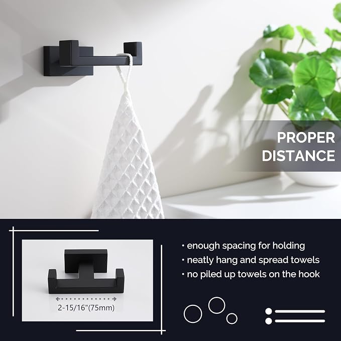 Angle Simple Double Towel Hook Matte Black, SUS304 Stainless Steel Bathroom Towel Holder, Coat Robe Hook Wall Mount