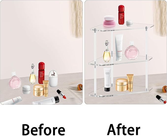 Tasybox Corner Shelf, 2 Tier Bathroom Counter Organizer Acrylic Organizer | Clear Corner Shelves, Bathroom Countertop Organizer, Plate Organizer for Cabinet Bathroom Kitchen Vanity Makeup Spice