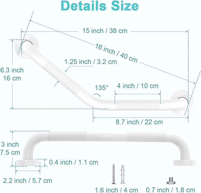 16 Inch Angled Grab Bar 2 Pack, ZUEXT Anti Slip White Shower Grab Bar Handles, Stainless Steel Knurled Bathroom Balance Bar, Safety Hand Rail Support,Handicap Elderly Injury Senior Assist Bath Handle