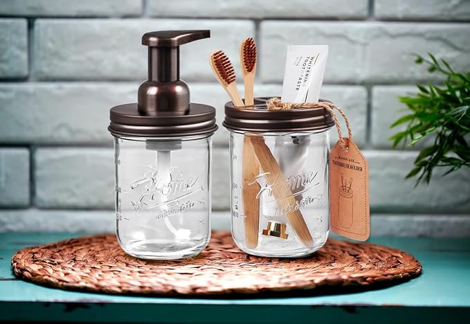 SheeChung Mason Jar Toothbrush Holders, Bathroom Accessories, Bathroom Essentials, Bathroom Organizers and Storage, Bathroom Countertop Organizer, Glass Toothbrush Holders for Bathroom-Bronze