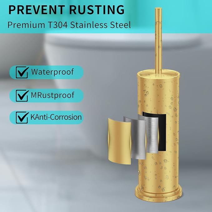 Stainless Steel Toilet Brush and Holder Set,Toilet Bowl Brush and Holder | Gold Heavy Duty Toilet Brush for Bathroom with Long Handle,Removable Inner Bowl and Splash Protection,Deep Cleaning
