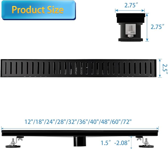Linear Shower Drain 32 inch Black, Brushed 304 Stainless Steel | Leveling Feet,Bar Pattern Grate, High Flow Drainage, Detachable Hair Catcher for Bathroom Shower Renovation