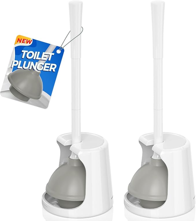 LOVLOY Toilet Plunger with Holder, 2 Pack Plungers for Bathroom Heavy Duty for 5.3-inch Toilet Drain, Toilet Plunger and Holder Combo for Bathroom Cleaning(White)