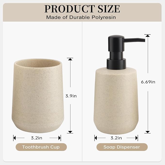 Resin Bathroom Accessory Set, Soap Dispenser and Toothbrush Holder, Beige | 2 Piece Bathroom Accessories Set for Bathroom Countertop Storage and Housewarming Gifts