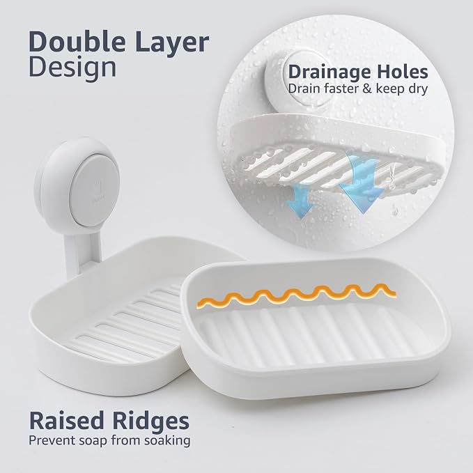 Soap Holder, Soap Dish for Shower, Suction Cup Bar Soap Holder | Soap Bar Holder for Shower, Wall Mounted Self Draining, NO Drill Sponge Holder for Bathroom, Bathtub Kitchen Sink, White