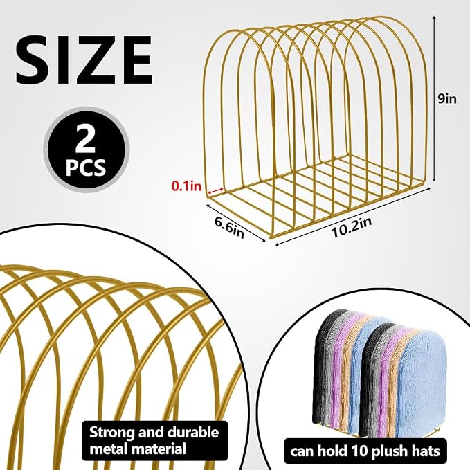 2 Pcs Beanie Holder Organizer, Knitted Hat Storage Rack Display Stand Metal Cap Holder for Winter Swimming Hat Display Home Entryway Tabletop Bedroom Closet Dresser Room Office (Gold, 2 Pcs)