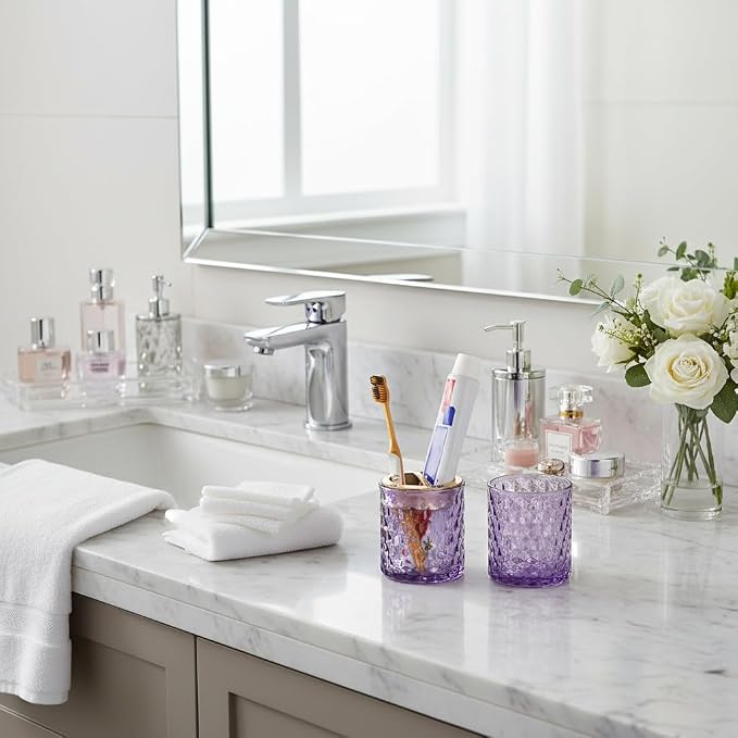 2pcs Purple Toothbrush Holders for Bathrooms, Glass Toothbrush Holder and Bathroom Tumbler Set, Gold Tooth Brush Cup Holder, Bathroom Counter Organizer for Brushes, Toothpaste