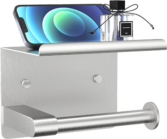 GLNLQ Brushed Nickel Toilet Paper Holder Wall Mount, Fits Mega Rolls Size | Adhesive or Screw-in, Stainless Steel Material, Wall-Mount Design with Shelf, Thickened Thickness, Modern Stylish Design