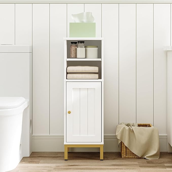 Hzuaneri Bathroom Storage Cabinet, Corner Floor Cabinet with Shelves, Customized Door Opening Direction, Bathroom Organizer with Adjustable Shelf for Kitchen, Living, Toilet Paper Cabinet, White