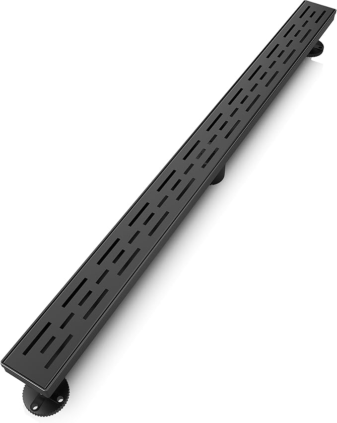 WEBANG 36 Inch Linear Shower Drain Rectangular Floor Drain with Accessories Rainline Pattern Cover Grate Removable SUS304 Stainless Steel CUPC Certified Matte Black