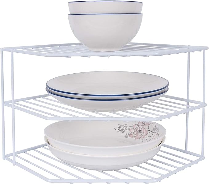 3-Tier Corner Shelf Counter and Cabinet Organizer -Countertop Organizer - Cabinet Corner Rack for Plate - Cabinet & Pantry Kitchen Organization (White)