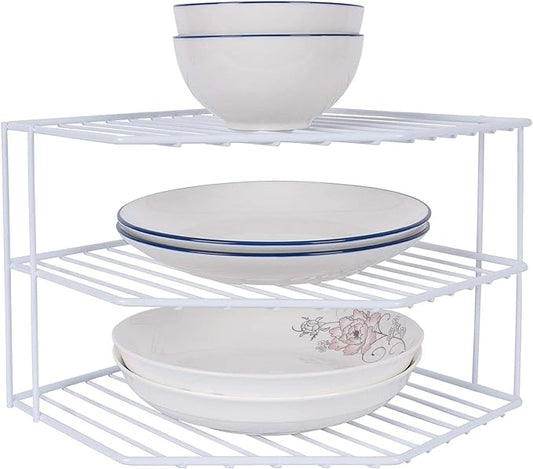 3-Tier Corner Shelf Counter and Cabinet Organizer -Countertop Organizer - Cabinet Corner Rack for Plate - Cabinet & Pantry Kitchen Organization (White)