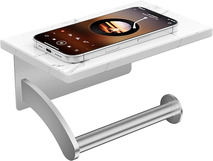 FORIOUS Toilet Paper Holder with Phone Shelf, Natural Marble Wall Mount Tissue Roll Holder for Bathroom, Washroom, 304 Stainless Steel Commercial Toilet Tissue Dispensers with Shelf, Brushed Nickel