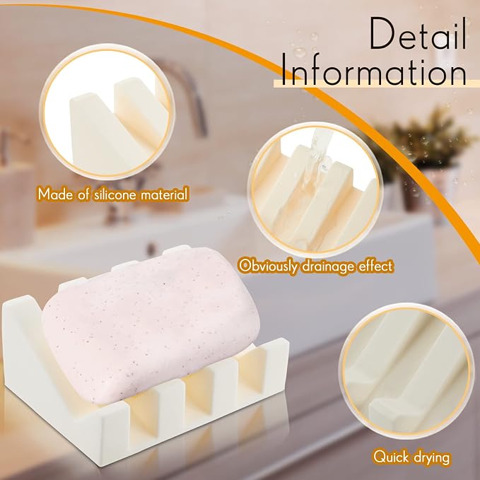 Cunhill 2 Pieces Silicone Soap Dish Self Draining Soap Dish Shower Waterfall Bar Soap Holder Tray with Drain Soap Saver for Kitchen Bathroom Accessories (Light Green,Bright White)