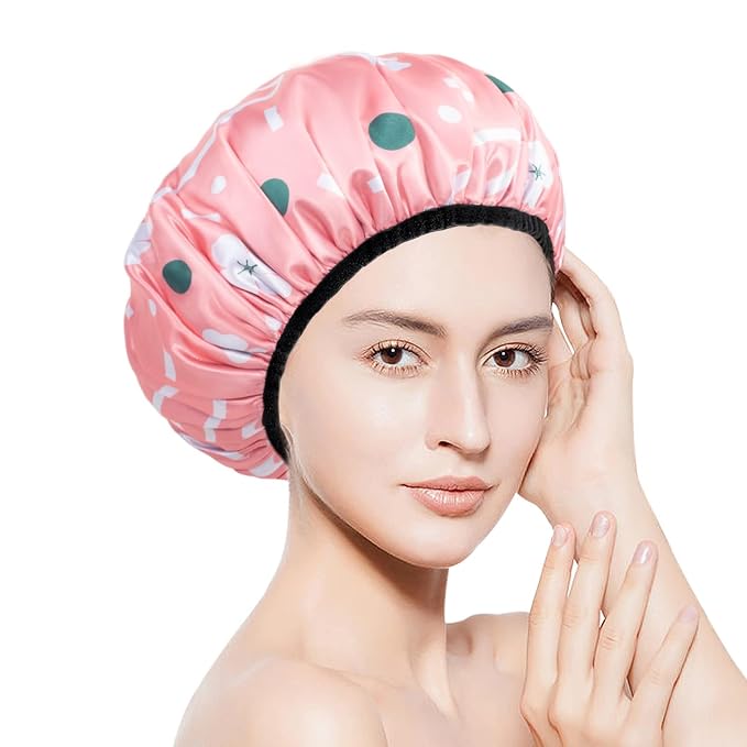 Aquior Shower Cap,Extra Large Triple Layer Bathing Cap with Dry Hair Function for Women Microfiber Terry Cloth Silky Satin 100%% Waterproof Reusable Long Hair Bath Caps (Pink Flora)