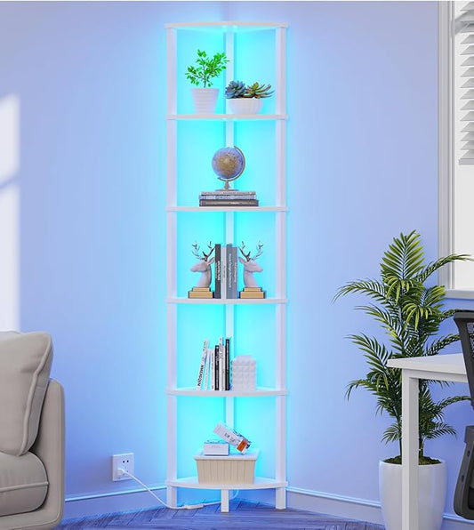 VIMBER Corners Shelf with LED Light, 6-Tier Corner Bookshelf, Industrial Corner-Ladder Shelf, Modern Display Shelf for Living Room, Bedroom, Kitchen, Home Office, Sturdy Frame, White UJSJ002W