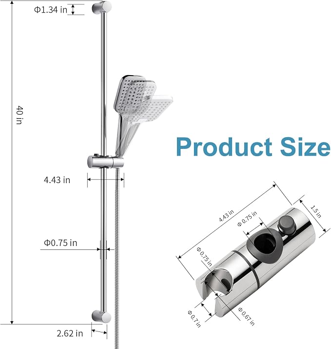 OFFO Shower Slide Bar Combo, Adjustable 39 in Slide Bar with 3-Mode Square Handheld Shower Head and 60 in Stainless Steel Hose, Screw Wall Mounted, Chrome Finish