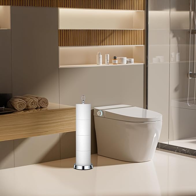 ROLABAM Heavy Weighted Toilet Paper Holder (with Reserve Function) Free Standing Toilet Paper Storage，Spare Toilet Paper Roll Holder Storage Stand for Bathroom Total Height 22.5" ，Chrome