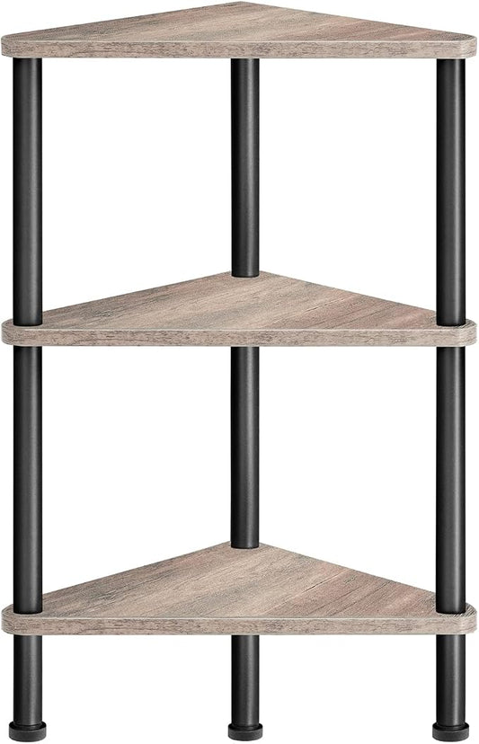 HOOBRO Corner Shelf Stand, Industrial 3-Tier Wall Corner Bookshelf with Metal Frame, Plant Display Shelf, Bookcase for Small Spaces, Living Room, Greige and Black BG30CJ01
