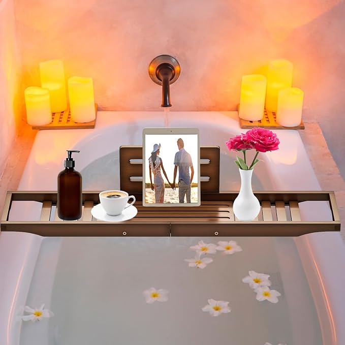 Bathtub Tray Caddy - Bath Tray - Bath Tub Table Tray Caddy - Bamboo Bath Tray for Tub