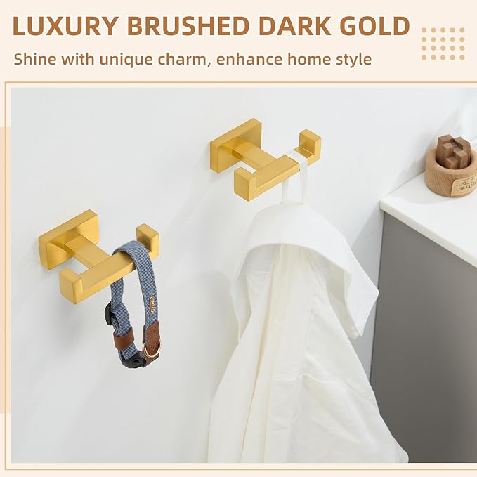 APLusee Double Bath Towel Hook 2 Pack, Solid Stainless Steel Square Dual Coat Holder, Modern Bathroom Kitchen Storage Hanger Wall Mounted, Brushed Dark Gold