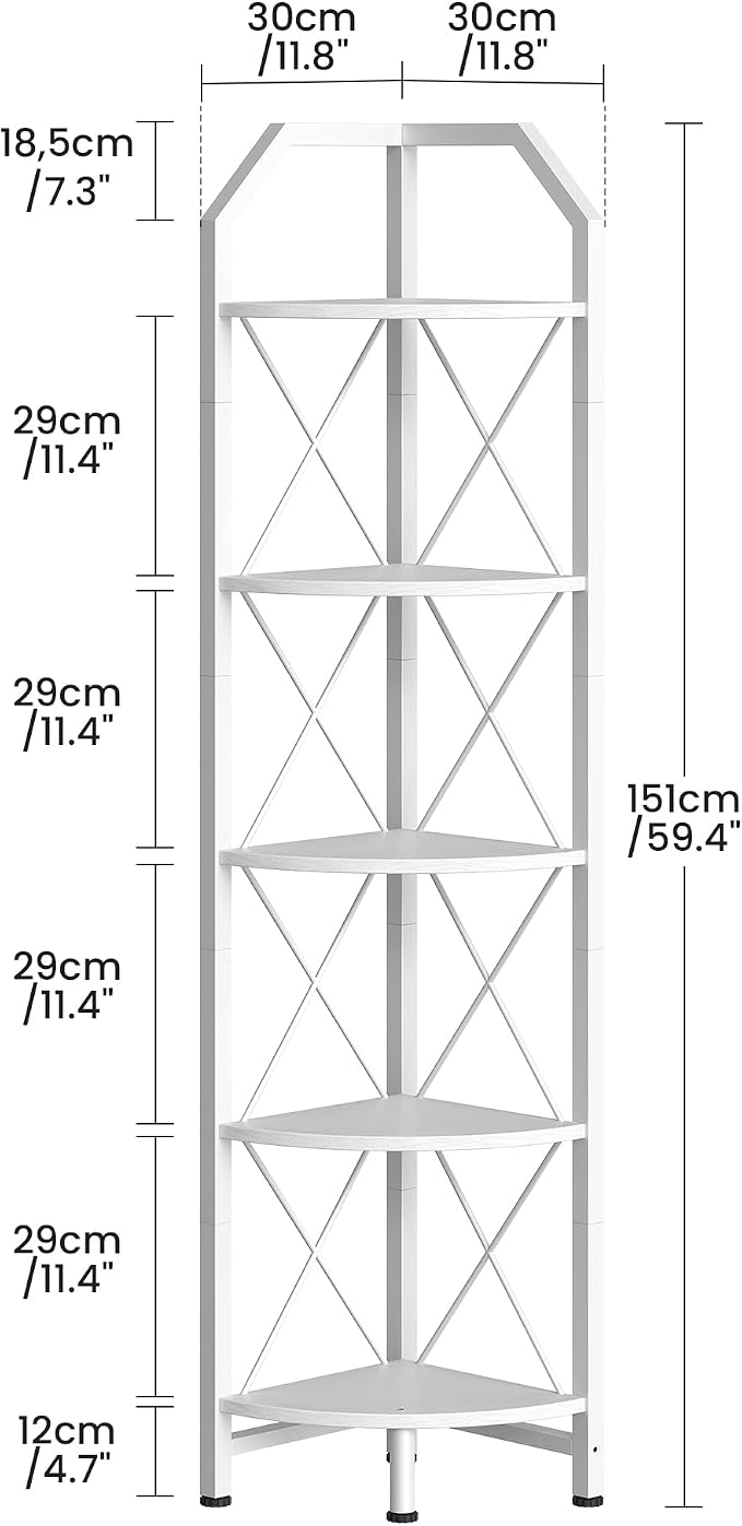 CHOEZON 5-Tier Corner Shelf, Industrial Corner Bookshelf, 59.4" Corner Storage Stand, Plant Stand Display Shelf, Corner Bookcase for Bedroom, Living Room, Home Office, White TCJ10WB