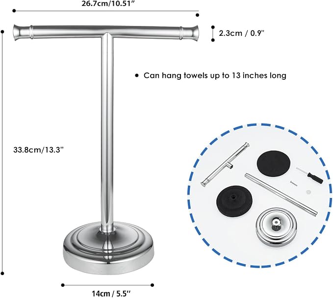 RUMOSE 13 Inch Polished Chrome Towel Stand Hand Towel Holder Bathroom Kitchen Vanity Countertop T-Shape Towel Rack Free Standing Stainless Steel Towel Bar Towel Ring