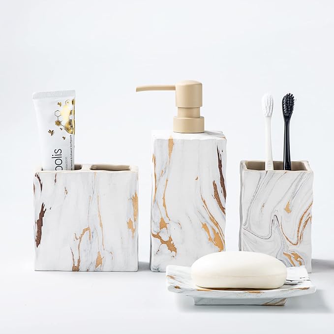 RQYIXI Ceramic 4-Piece Bathroom Accessories Set, Gold, Marble Design | marble look ceramic square design unique veining pattern modern countertop organization
