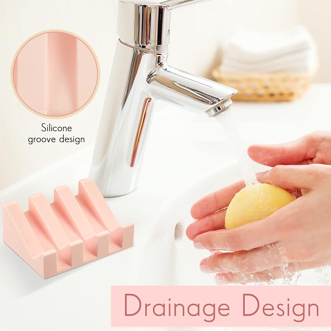 Cunhill 2 Pieces Silicone Soap Dish Self Draining Soap Dish Shower Waterfall Bar Soap Holder Tray with Drain Soap Saver for Kitchen Bathroom Accessories (Light Pink)