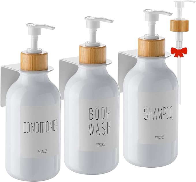 VITVITI Shampoo and Conditioner Dispenser 3 Chamber for Shower Wall, White | Refillable Body Wash Shower Soap Dispenser Wall Mounted, Drill Free 17oz Plastic Shower Bottles for Bathroom, Set of 3