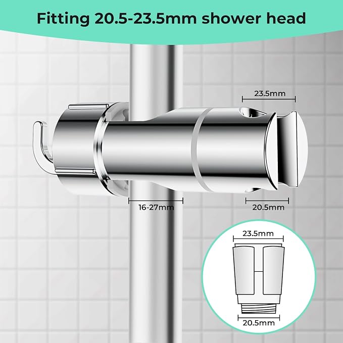Shower Head Holder with 2 Hooks for 20.5-23.5mm Showerhead, Adjustable Shower Head Bracket for 16-27mm Sliding Rod, Chrome Plated Shower Holder Replacement