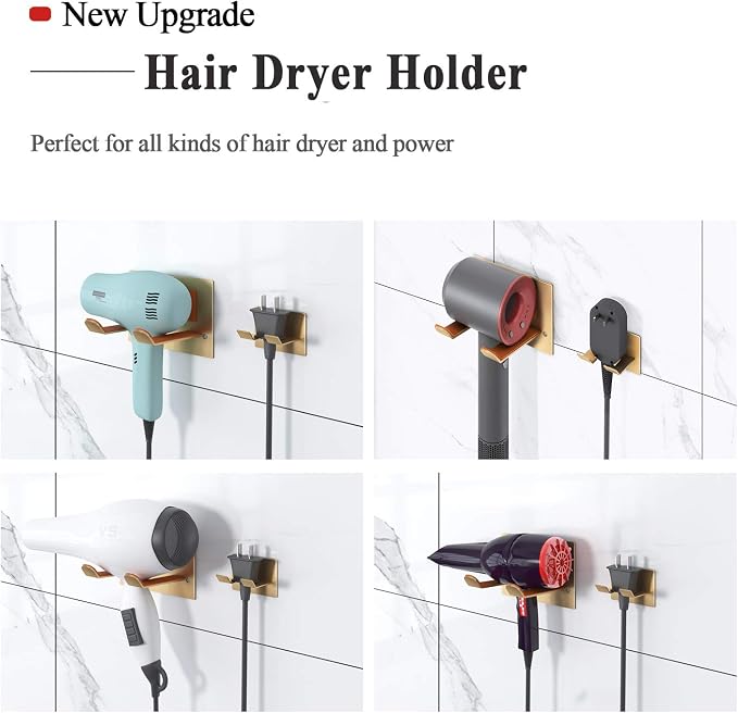 XIGOO Self Adhesive Hair Dryer Holder Wall Mounted | Stick on Wall Bathroom Hair Blow Dryer Rack, Organizer Compatible with Supersonic Hair Dryers, Gold