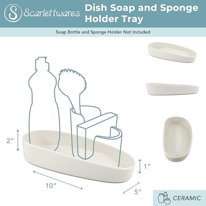Scarlettwares Sponge Holder Soap Bottle Tray, Kitchen Sink Organizer Oval Ceramic White, Olive Oil Tray