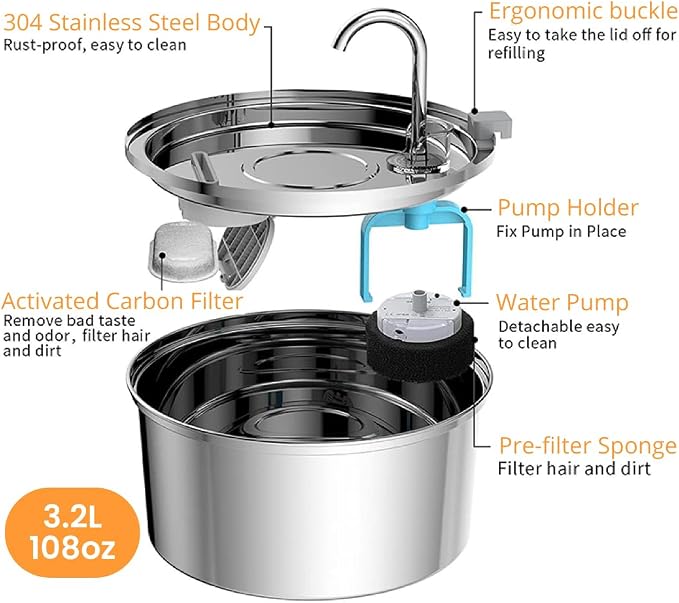 KittySpout Stainless Steel Cat Water Fountain Automatic Drinking Fountain, Quiet Circulating Water Bowl, Dishwasher Safe, Indoor Pet Fountain for Hydrated Healthy Cats (Stainless Steel, 3.2L Corded)