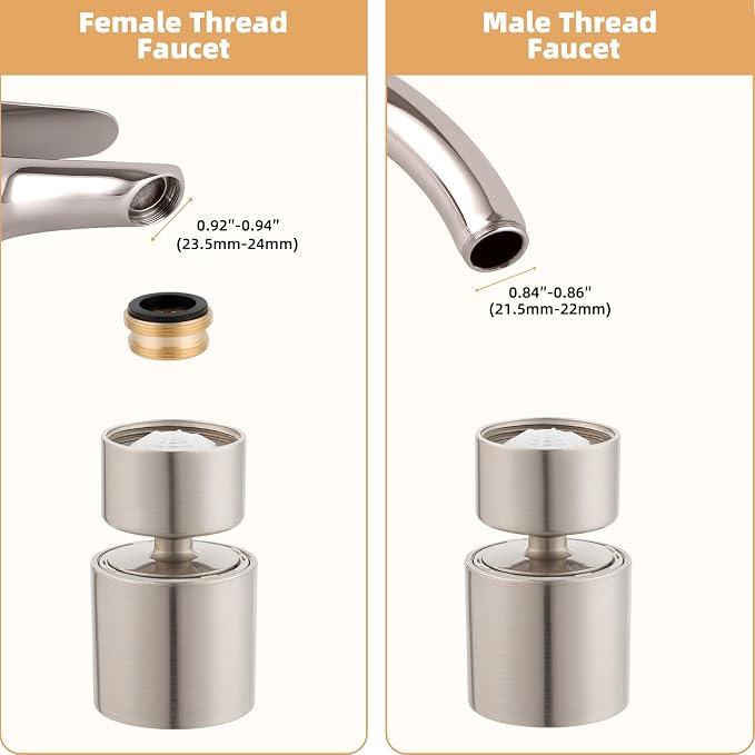 Hibbent NSF/ANSI/CAN 61 Certified Faucet Aerator, CUPC Certification 360 Degree Swivel Kitchen 2-Flow Sprayer Splash-Proof Water Saving Faucet Extender- 55/64 Inch-27UNS Female Thread, Brushed Nickel