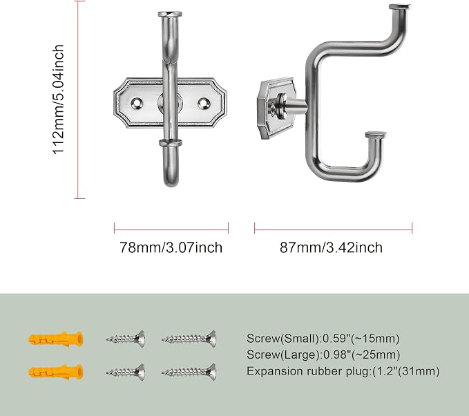 SAILING 2 Pack Nickel Brushed Coat Hooks - Towel & Robe Hooks for Bathroom, Bedroom & Kitchen