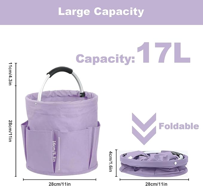 Cleaning Caddy with Handle, Cleaning Products Organiser, 17L Foldable Storage Basket, Cleaning Caddy Organiser, Portable Multi Cleaning Bucket Bag for Home, Garden (Purple)