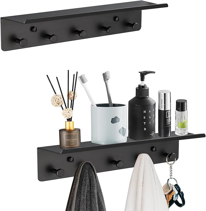 Towel Rack with Shelf Wall Mounted, Set of 2 Aluminum Bath Robe Hook, Outdoor Pool Holder or Bathroom Hot Tub Accessories, Metal Bathtub Hanger, Decor Display Storage for Hat Clothes Key Bag